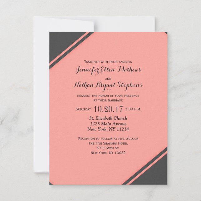 Coral Pink & Charcoal Grey Diagonal Cuts Invitation (Front)