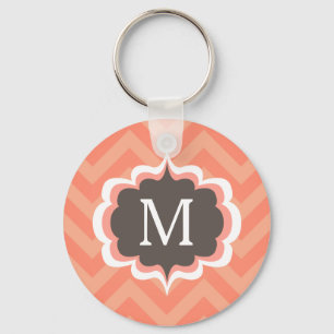 Coral Pink Chevron Pattern Custom Monogram Keychain