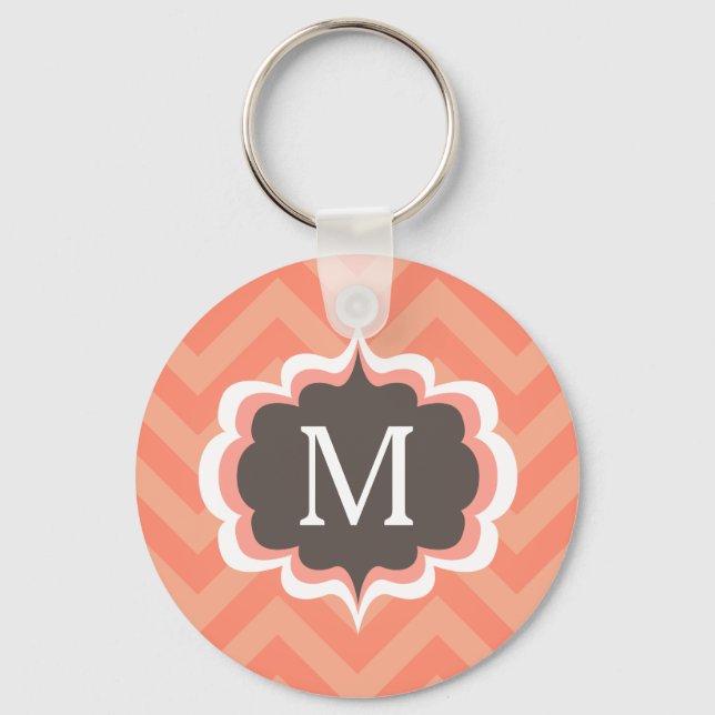 Coral Pink Chevron Pattern Custom Monogram Keychain (Front)