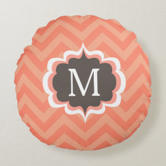 Coral Pink Chevron Pattern Custom Monogram Round Pillow