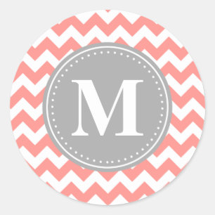 Coral Pink Chevron Zigzag Grey Monogram Classic Round Sticker
