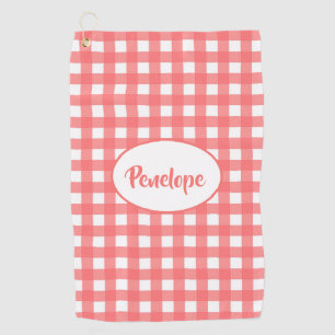 Coral Pink Classy Gingham Pattern with Name Golf Towel