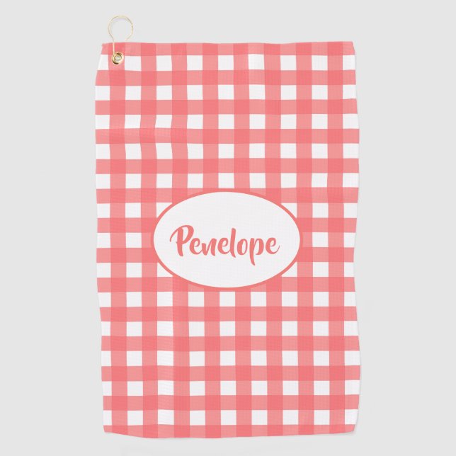 Coral Pink Classy Gingham Pattern with Name Golf Towel (Front)