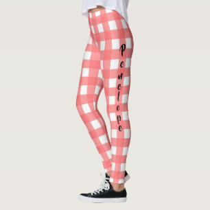 Coral Pink Classy Gingham Pattern with Name Leggings