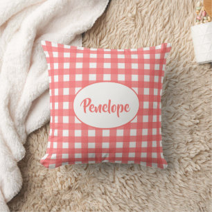 Coral Pink Classy Gingham Pattern with Name Throw Pillow
