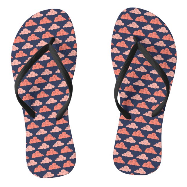 Coral Pink Clouds Lines Navy Blue Lined Geometric Flip Flops (Footbed)