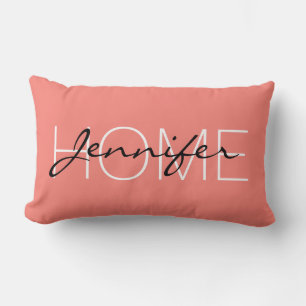 Coral pink colour home monogram lumbar pillow