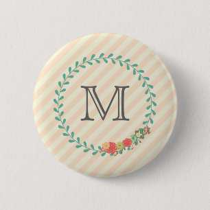 Coral pink decorative floral wreath monogram 2 inch round button