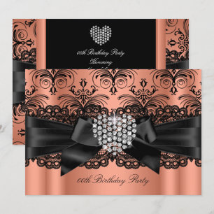 Coral Pink Diamond Heart Damask Birthday Party Invitation