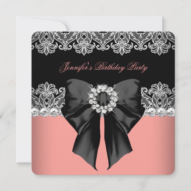 Coral Pink Diamond Lace Coral Birthday Party 2 Invitation (Front)