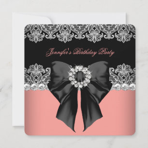 Coral Pink Diamond Lace Coral Birthday Party 2 Invitation