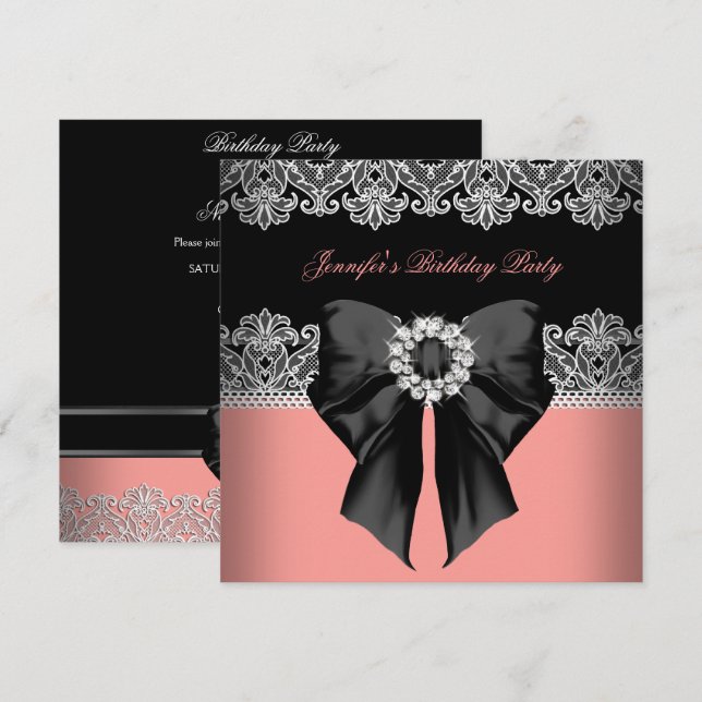 Coral Pink Diamonds Lace Coral Birthday Party Invitation (Front/Back)