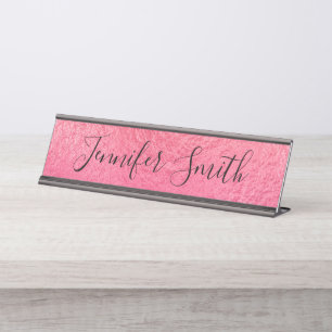 Coral Pink Faux Foil Texture Modern Calligraphy Desk Name Plate