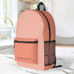 Coral Pink Feminine Girly Minimal Modern Name Printed Backpack<br><div class="desc">A minimalist monogram design with a two tone coral blush pink background. The text can easily be customized for a design as unique as you are!</div>