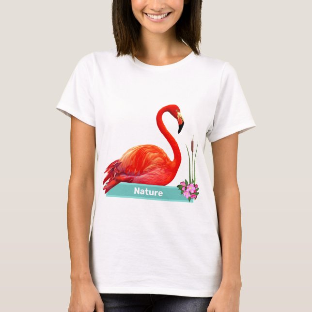 Coral Pink Flamingo & Flowers T-Shirt (Front)