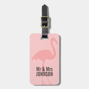 Coral pink flamingo Mr and Mrs travel luggage tag