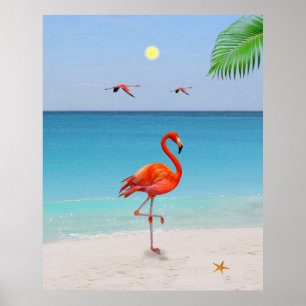 Coral Pink Flamingo & Palm Leaf on the Beach Poster
