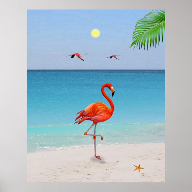 Coral Pink Flamingo & Palm Leaf on the Beach Poster (Front)