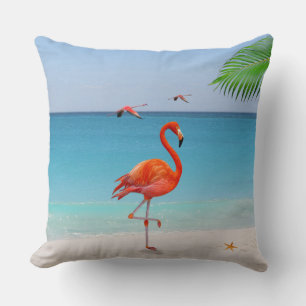 Coral Pink Flamingo & Palm Leaf on the Beach Throw Pillow