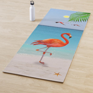 Coral Pink Flamingo & Palm Leaf on the Beach Yoga Mat