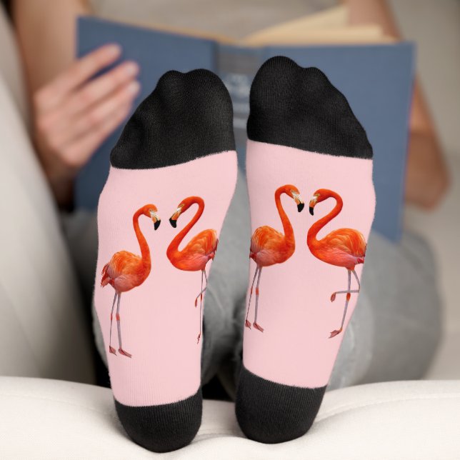 Coral Pink Flamingos on Light Pink Crew Socks (Bottom)