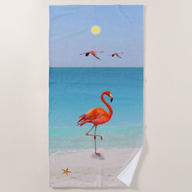 Coral Pink Flamingos on the Beach Beach Towel (Front)