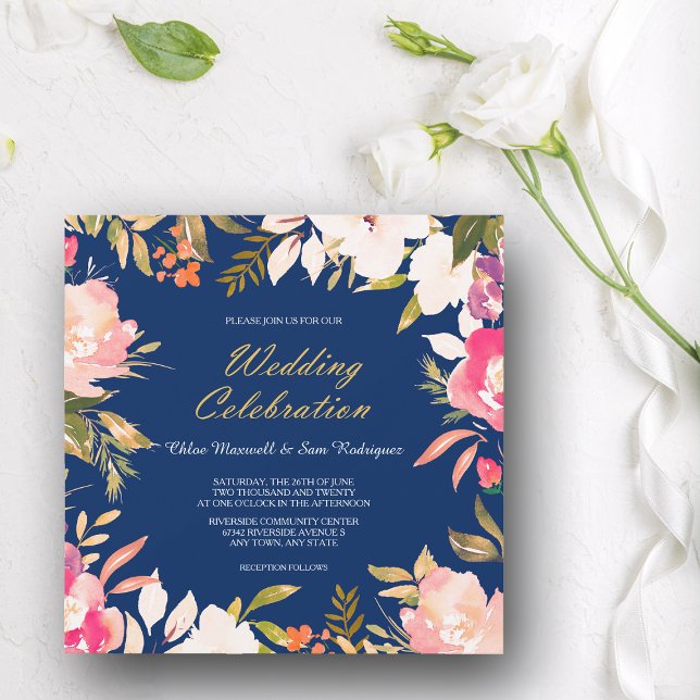 Coral Pink Floral Border on Navy Blue Wedding Invitation (Creator Uploaded)