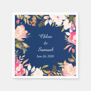 Coral Pink Floral Border Wedding Napkin