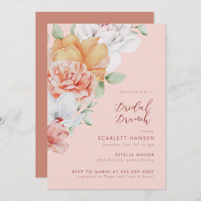Coral Pink Floral Bridal Brunch Shower Invitation (Front/Back)