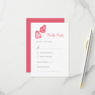 Coral Pink Floral Butterfly Garden Boho Wedding RSVP Card