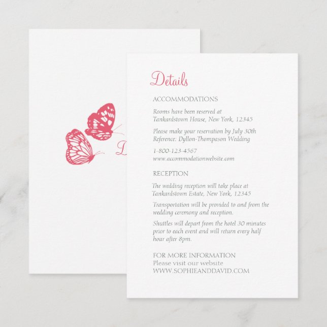 Coral Pink Floral Butterfly Garden Wedding Details Enclosure Card (Front/Back)