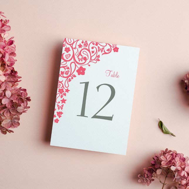 Coral Pink Floral Butterfly Garden Wedding Table Number (Creator Uploaded)