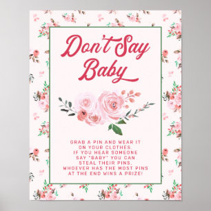 Coral Pink Floral Don't Say Baby Shower Game Sign