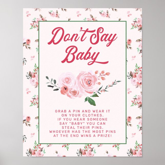 Coral Pink Floral Don't Say Baby Shower Game Sign (Front)