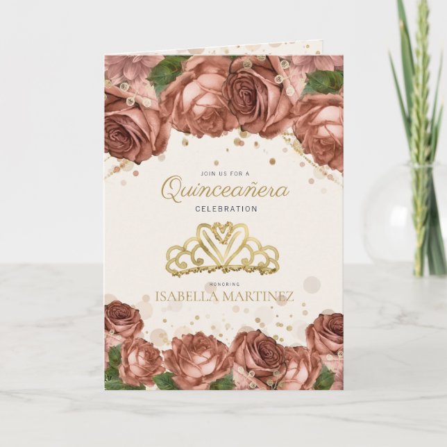 Coral Pink Floral Gold Glitter Quinceañera Photo Invitation (Front)