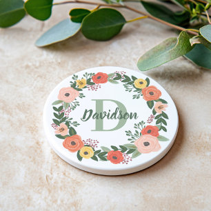 Coral Pink Floral Greenery Monogram Name Coaster