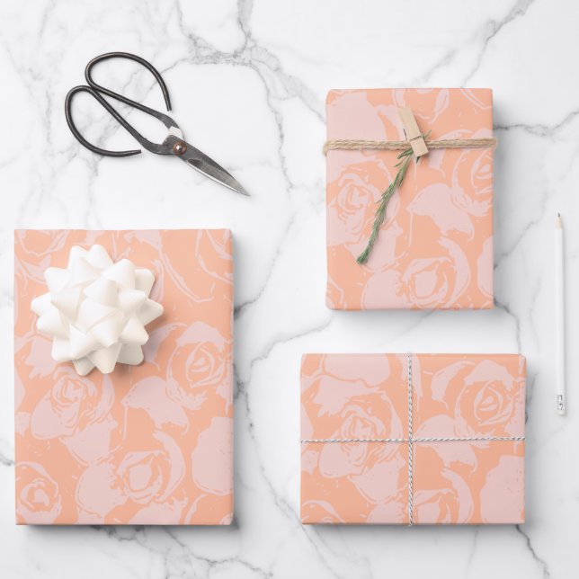 Coral Pink Floral Illustration Botanical Wrapping Paper Sheet (Front)