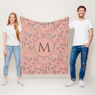 Coral Pink Floral Personalized MONOGRAM Fleece Blanket