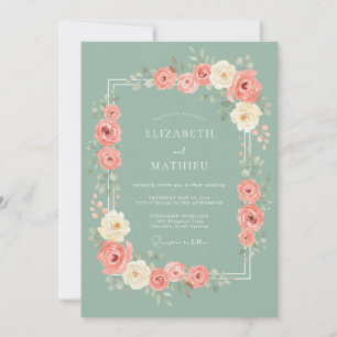 Coral Pink Floral Romantic Wedding Invitation