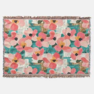 Coral Pink Floral Turquoise Vintage Throw Blanket