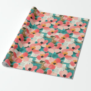 Coral Pink Floral Turquoise Vintage Wrapping Paper