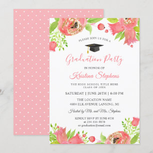 Coral Pink Flowers Spring Garden Graduation Party Invitation
