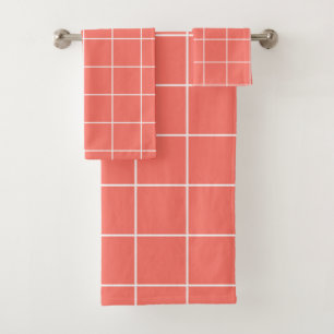 Coral pink geometric grid pattern bath towel set