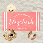 Coral Pink Girls Weekend Monogram Name Beach Towel<br><div class="desc">Warm coral pink and white stripes give this personalized girls' weekend beach towel a sunny, beachy vibe. Features arched Girls' Weekend text with year, a flowing script monogram name, and customizable destination below. All text is fully editable for any occasion. A beautiful keepsake for wedding bachelorette trips, tropical getaways, and...</div>