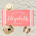 Coral Pink Girls Weekend Personalized Name Beach Towel<br><div class="desc">Personalized beach towel design for a girls' weekend vacation getaway features a custom first name in modern script writing framed by coastal stripes,  with custom text for the occasion. The pretty coral orange / pink background colour can be modified. Please visit our shop for other colour options.</div>