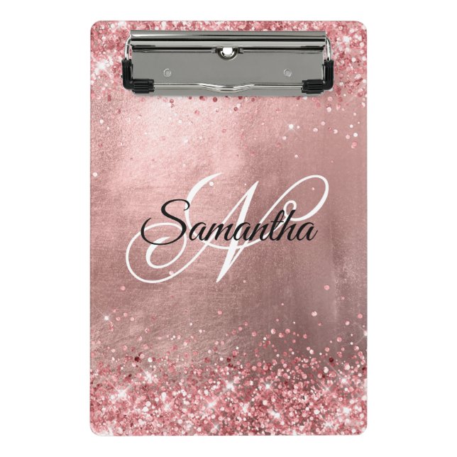 Coral Pink Glitter Fancy Monogram Rose Gold Foil Mini Clipboard (Front)