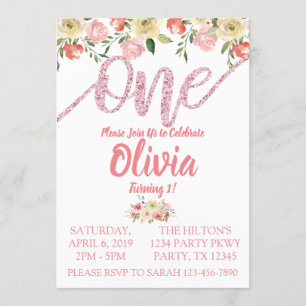 Coral & Pink Glitter Floral First Birthday Party Invitation