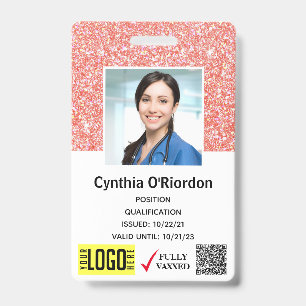 Coral Pink Glitter Technician Photo ID QR Barcode Badge