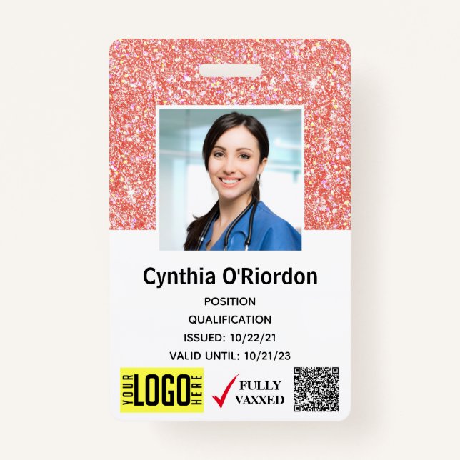 Coral Pink Glitter Technician Photo ID QR Barcode Badge (Front)