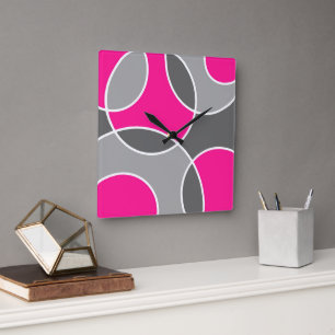 Coral Pink Gray Abstract Circles  Square Wall Clock
